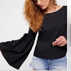 Free People Long Pleated Bell Sleeves So Obviously Yours Top Black Med